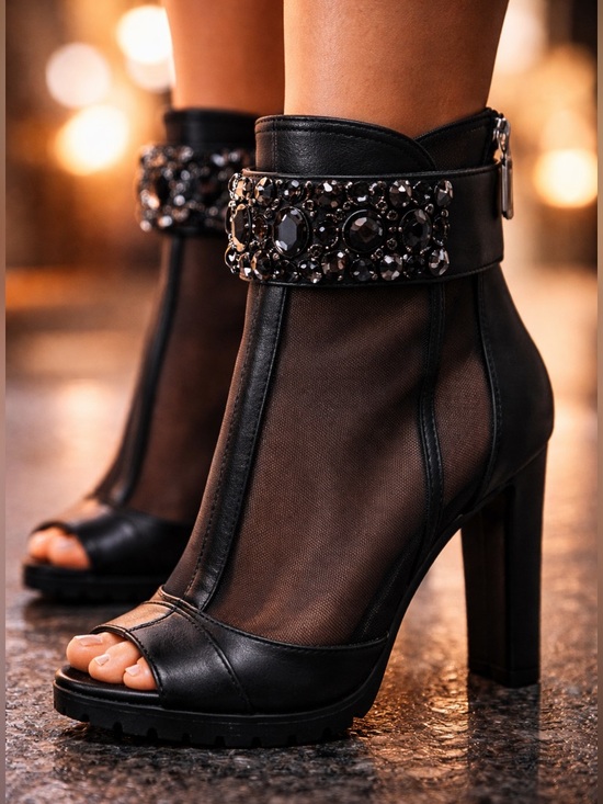 Karl Lagerfeld Shoes - NWT Karl Lagerfeld Mesh Peep Toe Booties Embellished Heel Black Ankle Boots SZ 5
